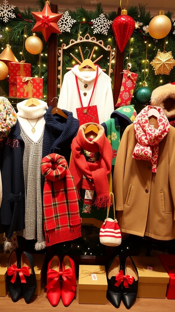 A collection of Christmas clothing gifts including sweaters, coats, and accessories on a festive background.